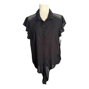 No Boundaries Top Black button down tie Waist Ruffled sleeve Blouse Junior SZ 19
